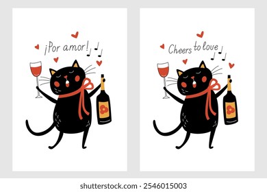 Card featuring a funny, joyful black cat holding a bottle of wine and a glass. Hand drawn lettering with the phrase Cheers to Love in both Spanish and English. Vector illustration minimalistic design