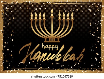 Card for Festival of Lights, Feast of Dedication Hanukkah. Menorah with candles and hand written lettering in golden colors on black halftone background with gold scattering. Vector illustration