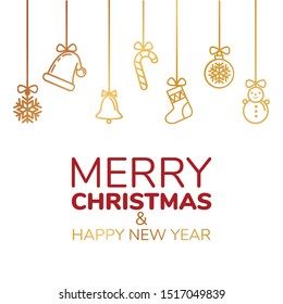 Card from festive gold linear symbols. Happy New Year and Christmas. Vector illustration