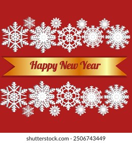 Card festive Happy new year , red background with snowflake and gold flag, winter seaon holiday