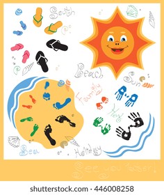 card with fingerprints of the hands and feet and beach Slippers on the sand and the sun