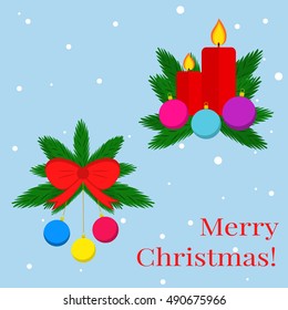Card with fir branch balls and candles. Christmas set