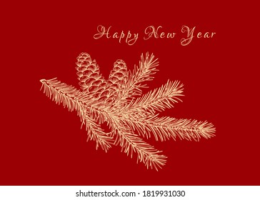 Сhristmas card with fir branch and cones. New year illustration. Botanical vector. Red background and golden pattern.