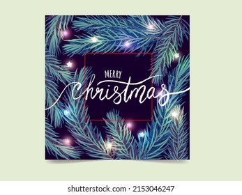 card with fir branches and glowing garland. Holiday card, calendar, invitation, holiday background.