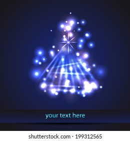 card with fire christmas tree and light stars and particles. Vector template