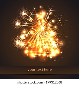 card with fire christmas tree and light stars and particles