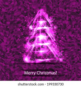 card with fire christmas tree and light stars and particles. Vector template