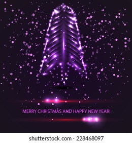 card with fire Christmas tree and light stars and particles. Vector template