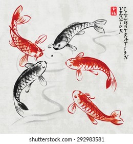 Card with fishes in traditional japanese sumi-e style on vintage watercolor background. Vector illustration. Hieroglyph " happiness".