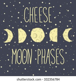Card with five cheese moon phases with stars and space background