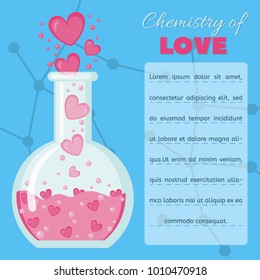 Card with flask with hearts icon in flat style and field for text. Love elixir logo. Concept or Love Potion. Vector illustration. Valentines Day background congratulation card. Chemistry of love.