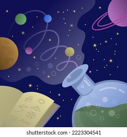 Card with flask and space planets. Vector color illustration.