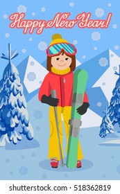 Card flat design vector illustration of young woman from the mountain by skiing equipped. Smiling happy skier girl. Including helmet, glasses, gloves, hat, boots.