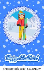 Card flat design vector illustration of young woman from the mountain by skiing equipped. Smiling happy skier girl. Including helmet, glasses, gloves, hat, boots.