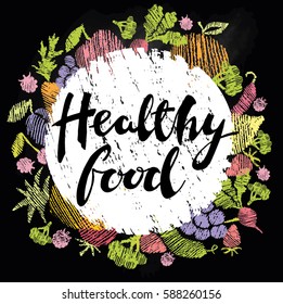 Card with flat fruits, vegetables and modern calligraphy hand drawn with chalks on blackboard. Vector illustration