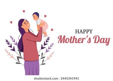 Card in flat trendy style for Mother's Day. A woman holds a baby in her arms. A child and his parent. Generation. Vector illustration. Person. Family and love. Motherhood and fatherhood. Holiday.