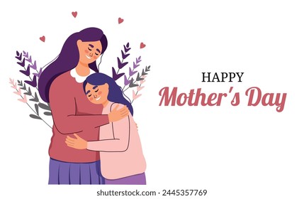 Card in flat trendy style for Mother's Day. A woman hugs her daughter. A girl and a woman. A child and his parent. Generation.  Family and love. Motherhood and fatherhood. Holiday. Support 