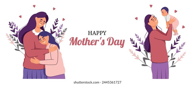 Card in flat trendy style for Mother's Day. Set of situations Woman hugging daughter and woman holding baby. Generation. Vector illustration. Person. Family and love. Support and relationships