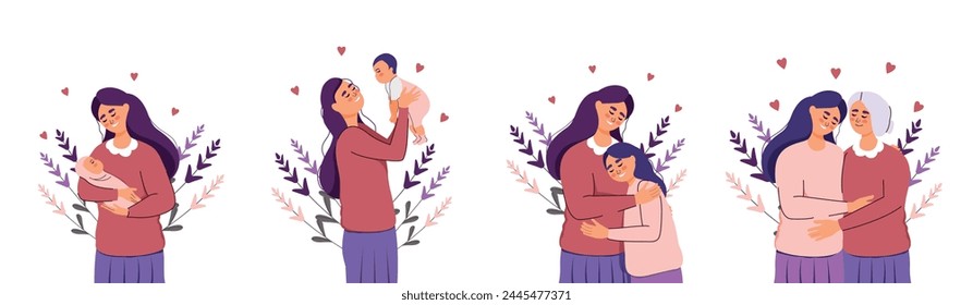 Card in flat trendy style for Mother's Day. Set of generations from birth to old age. A girl, a young man, a child, an elderly woman. Vector illustration. Person. Family and love. Motherhood. Support 