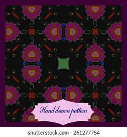 Card of floral circular motif, branches, twigs, ellipses, label. Hand drawn.