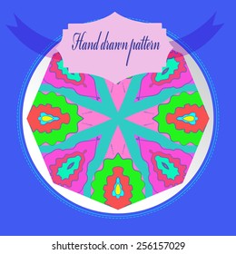 Card with floral circular pattern, blue   frame, label on a   gradient gray  circle. Hand drawn.