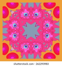 Card with floral circular pattern, flowers, spirals, ellipses. Hand drawn.