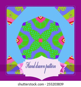 Card with floral circular pattern, frame, label   on a  light blue    background. Hand drawn.