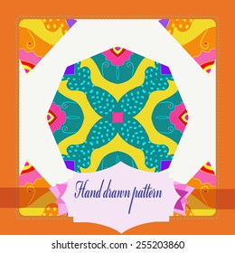 Card with floral circular pattern, frame, label   on a  white    background. Hand drawn.