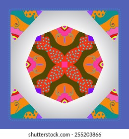Card with floral circular pattern, frame   on a  gradient gray   background. Hand drawn.