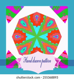 Card with floral circular pattern, frame, label   on a   white   background. Hand drawn.