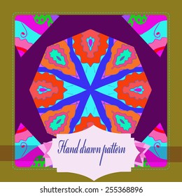 Card with floral circular pattern, frame, label   on a  dark pink    background. Hand drawn.