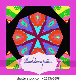 Card with floral circular pattern, frame, label   on a  black    background. Hand drawn.