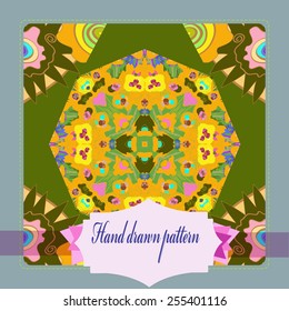 Card with floral circular pattern, frame, label    on a  dark green    background. Hand drawn.