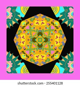Card with floral circular pattern, frame    on a   black   background. Hand drawn.