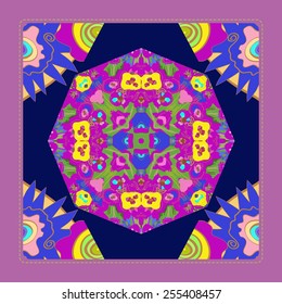 Card with floral circular pattern, frame    on a  dark blue    background. Hand drawn.