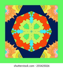 Card with floral circular pattern, frame    on a  dark blue     background. Hand drawn.