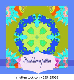 Card with floral circular pattern, frame, label    on a  dark green    background. Hand drawn.
