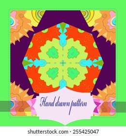 Card with floral circular pattern, frame, label    on a  dark pink    background. Hand drawn.