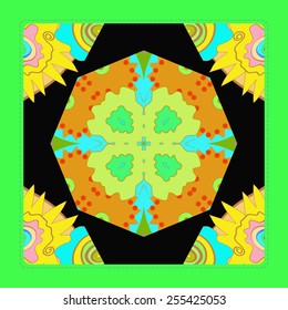 Card with floral circular pattern, frame    on a  black    background. Hand drawn.