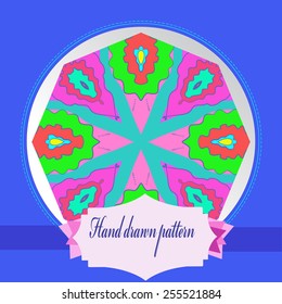 Card with floral circular pattern,  frame, label   on a   gradient gray   circle. Hand drawn.