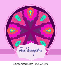 Card with floral circular pattern,  frame, label   on a  dark pink    circle. Hand drawn.