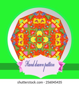 Card with floral circular pattern,  green  frame, label on a  gradient gray   circle. Hand drawn.