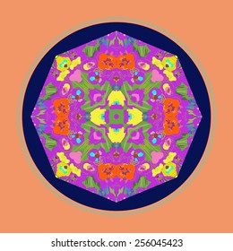 Card with floral circular pattern,  light orange  frame on a  dark blue   circle. Hand drawn.