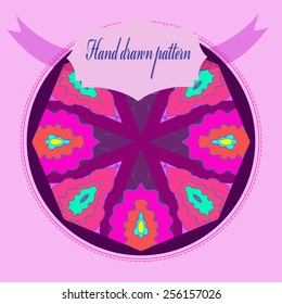 Card with floral circular pattern, light pink frame, label on a dark pink   circle. Hand drawn.