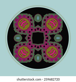 Card with floral circular pattern on a circle. Hand drawn.