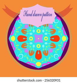 Card with floral circular pattern, orange   frame, tulips, label  on a dark pink    circle. Hand drawn.