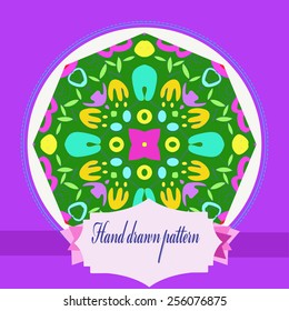Card with floral circular pattern, purple frame, tulips, label on a  white   circle. Hand drawn.