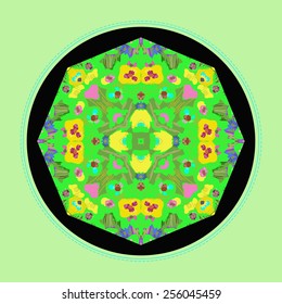 Card with floral circular pattern,light green frame on a black    circle. Hand drawn.