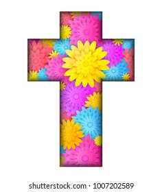 Card with floral cross made from colorful flowers on white background.Vector illustration.
