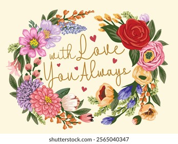 Card with floral frame, Flower Valentine’s Day vector card template, Wildflowers Floral love with you Card. Botanical background vector illustration ,card, cover, poster, greeting